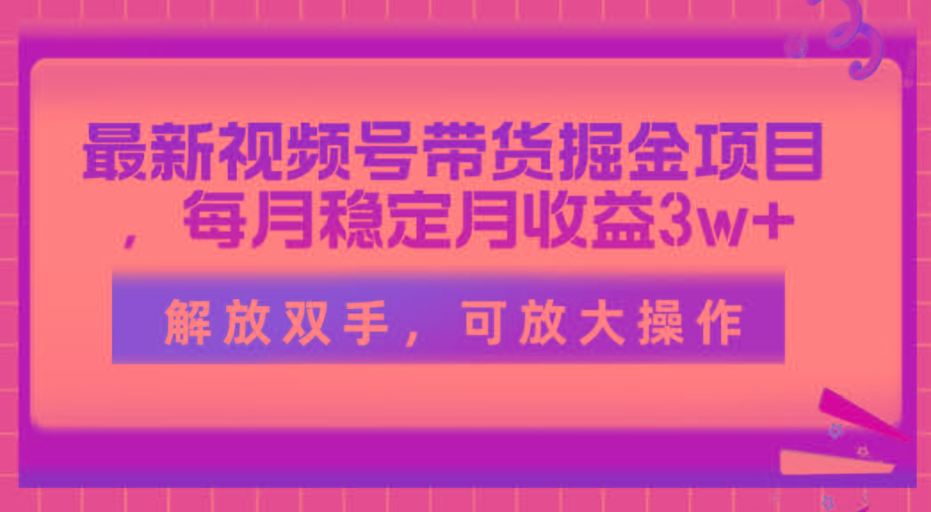 最新视频号带货掘金项目，每月稳定月收益3w+，解放双手，可放大操作-副业网创