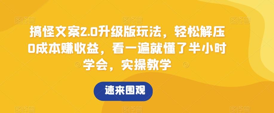 搞怪文案2.0升级版玩法，轻松解压0成本赚收益，看一遍就懂了半小时学会，实操教学【揭秘】-副业网创