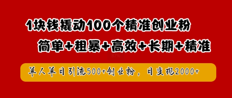 1块钱撬动100个精准创业粉，简单粗暴高效长期精准，单人单日引流500+创业粉，日变现2k【揭秘】-副业网创
