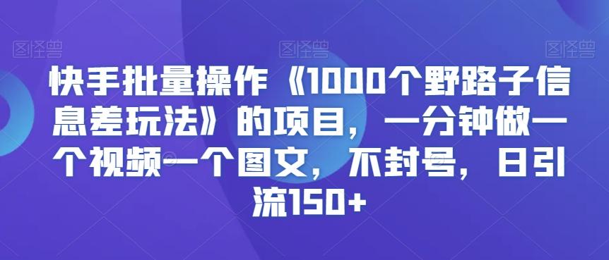 快手批量操作《1000个野路子信息差玩法》的项目，一分钟做一个视频一个图文，不封号，日引流150+【揭秘】-副业网创