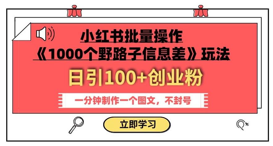 小红书批量操作《1000个野路子信息差》玩法，一分钟制作一个图文，不封号，日引100+创业粉-副业网创