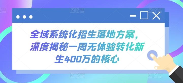 全域系统化招生落地方案，深度揭秘一周无体验转化新生400万的核心-副业网创
