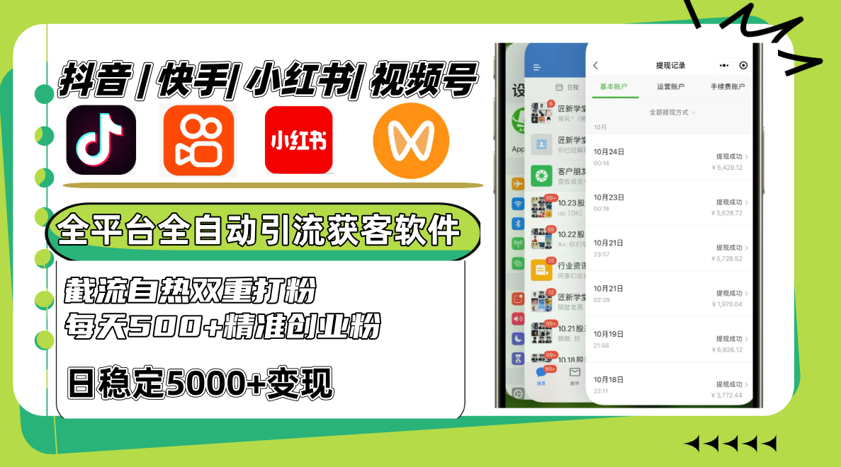 抖音快手小红书视频号全平台全自动引流获客系统，截流自热双重打粉，每天500+精准粉-副业网创