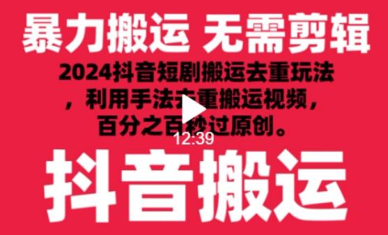 2024最新抖音搬运技术，抖音短剧视频去重，手法搬运，利用工具去重，达到秒过原创的效果【揭秘】-副业网创