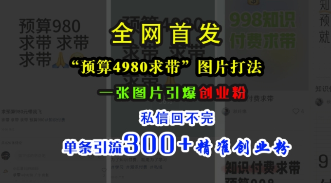小红书“预算4980带我飞”图片打法，一张图片引爆创业粉，私信回不完，单条引流300+精准创业粉-副业网创