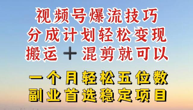 视频号爆流技巧，分成计划轻松变现，搬运 +混剪就可以，一个月轻松五位数稳定项目【揭秘】-副业网创