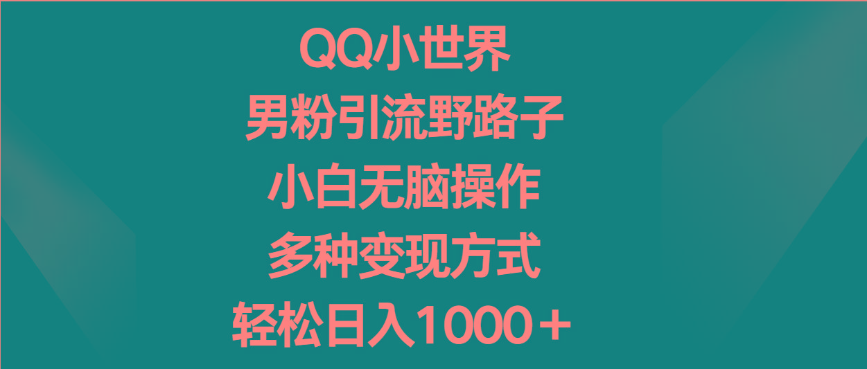 QQ小世界男粉引流野路子，小白无脑操作，多种变现方式轻松日入1000＋-副业网创