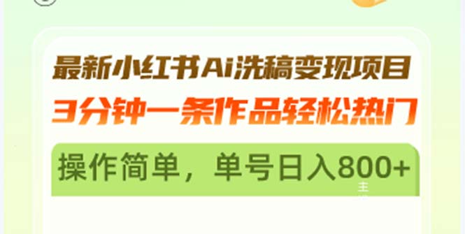最新小红书Ai洗稿变现项目 3分钟一条作品轻松热门 操作简单，单号日入800+-副业网创