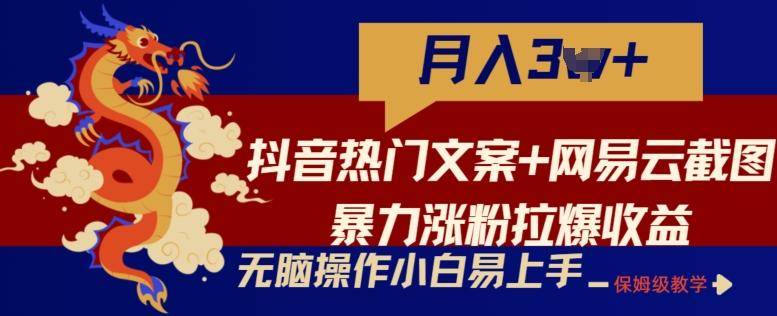 抖音热门文案+网易云截图暴力涨粉拉爆收益玩法，小白无脑操作，简单易上手【揭秘】-副业网创