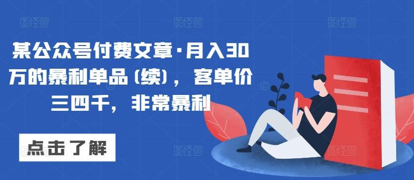 某公众号付费文章·月入30万的暴利单品(续)，客单价三四千，非常暴利-副业网创