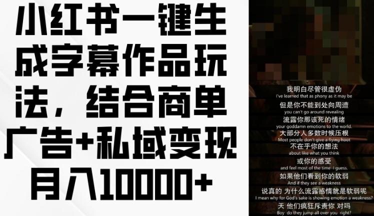 小红书一键生成字幕作品玩法，结合商单广告+私域变现月入1w+【揭秘】-副业网创