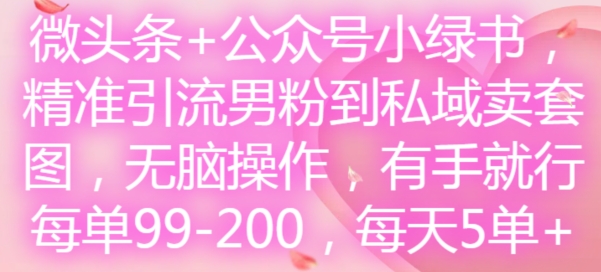 微头条+公众号小绿书，精准引流男粉到私域卖套图，无脑操作，有手就行，每单99-200，每天5单-副业网创